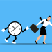 A woman running infron of a clock and the clock grabbing after her purse