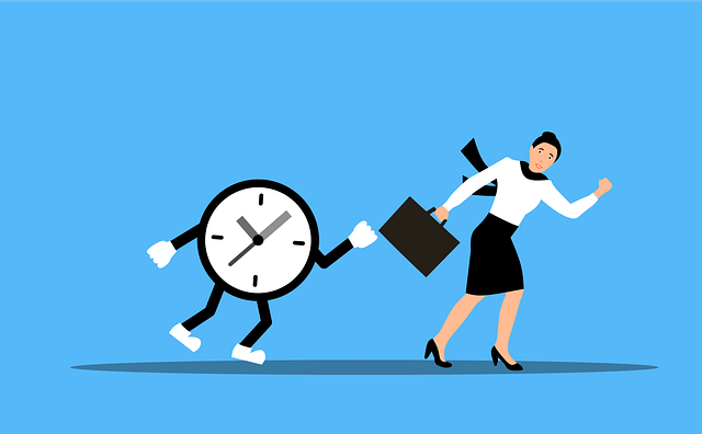 A woman running infron of a clock and the clock grabbing after her purse