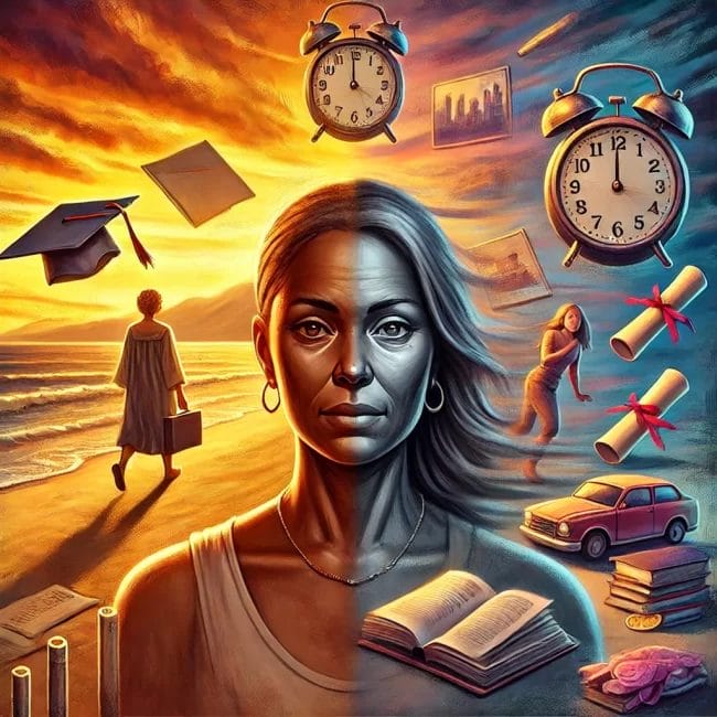 a womans face in the middle left half is youn right side is old. There are watches floating in the air, with graduation hat and books